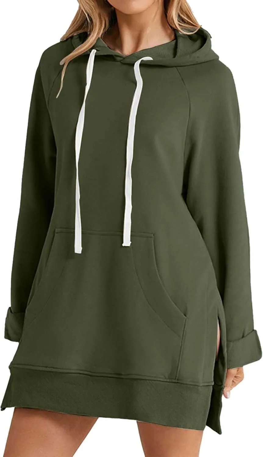 2025 Women's Oversized Casual Pullover Long Sleeve Split Hem Drawstring Hoodies Dress With Kangaroo Pocket