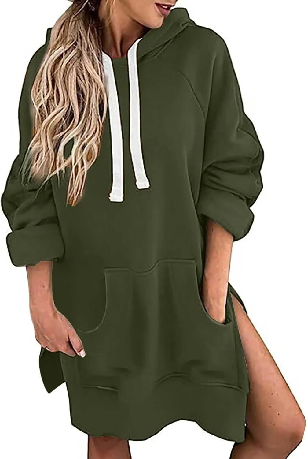 2025 Women's Oversized Casual Pullover Long Sleeve Split Hem Drawstring Hoodies Dress With Kangaroo Pocket