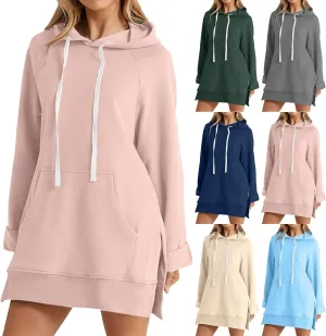 2025 Women's Oversized Casual Pullover Long Sleeve Split Hem Drawstring Hoodies Dress With Kangaroo Pocket