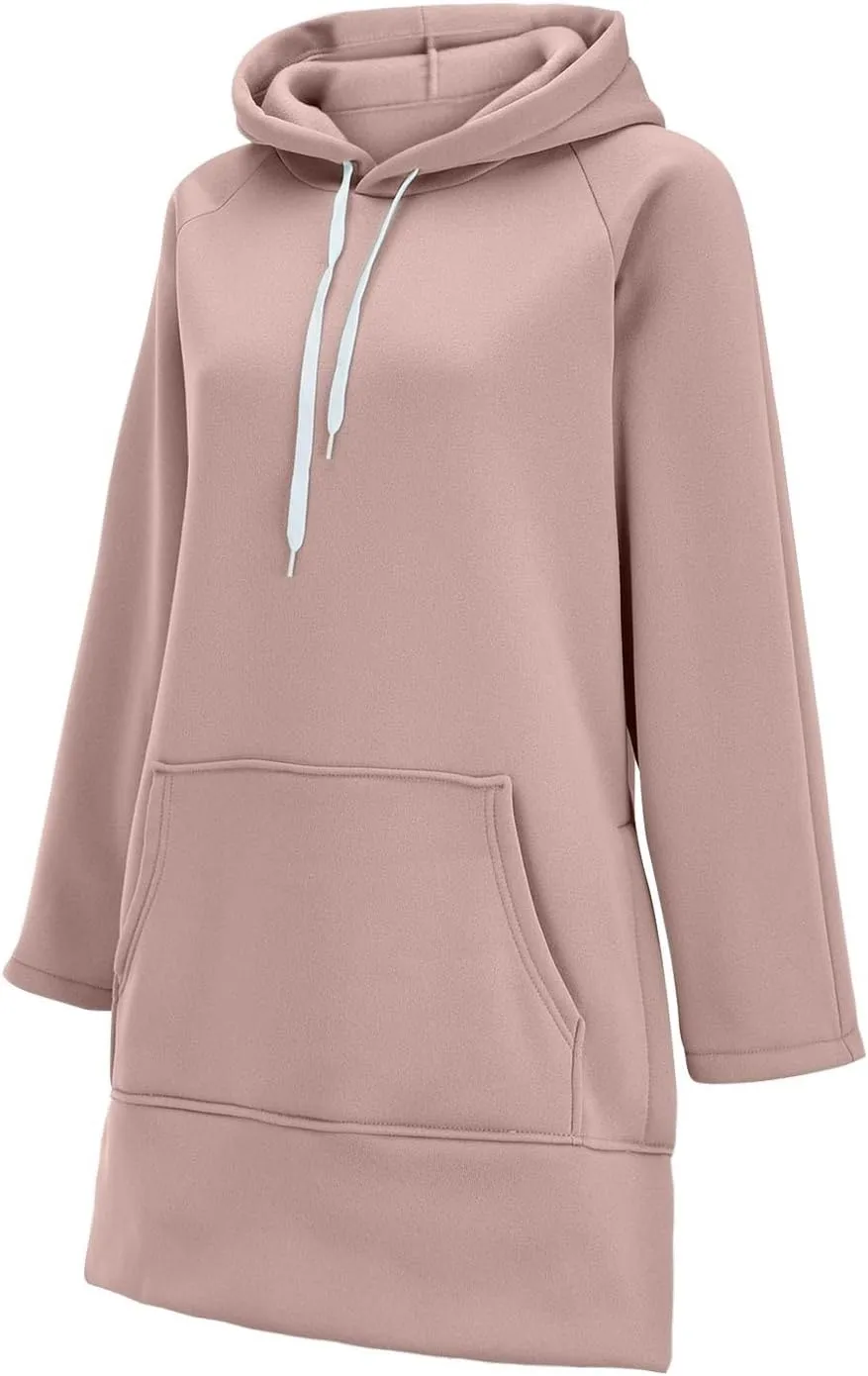 2025 Women's Oversized Casual Pullover Long Sleeve Split Hem Drawstring Hoodies Dress With Kangaroo Pocket