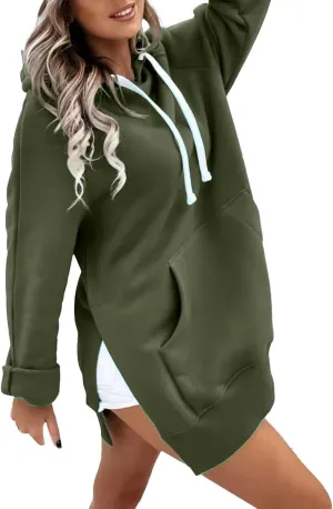2025 Women's Oversized Casual Pullover Long Sleeve Split Hem Drawstring Hoodies Dress With Kangaroo Pocket