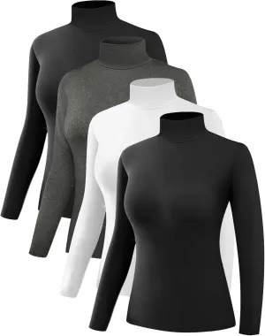 4 Pack Women’s Thermal Turtleneck Shirts, Women Turtle Neck Fleece Lined Compression Long Sleeve Base Layer Tops