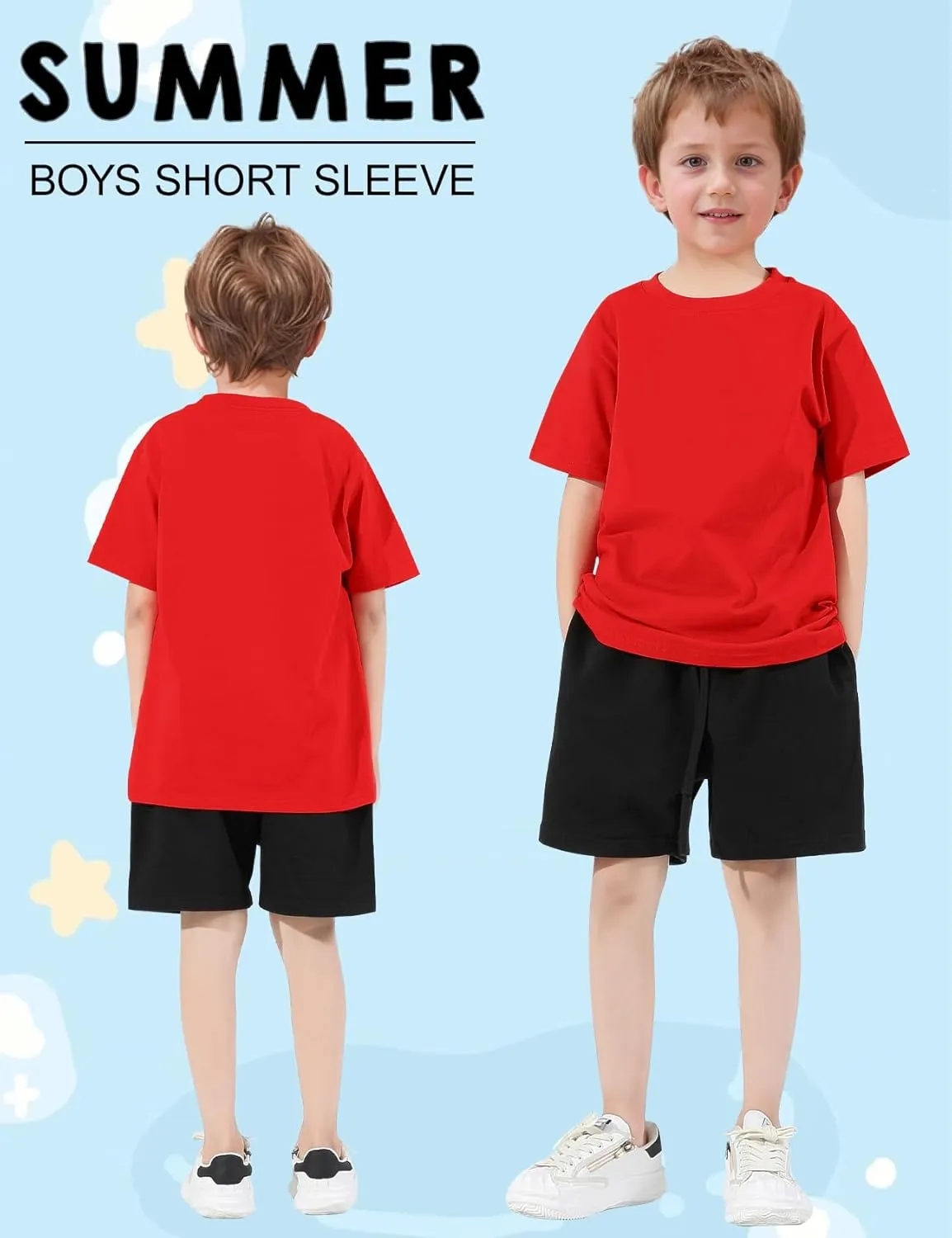 5 Pack Boys Short Sleeve T-Shirts, Soft Summer Basic Cotton Tees for Kids Casual Crewneck Tops 5-12 Y