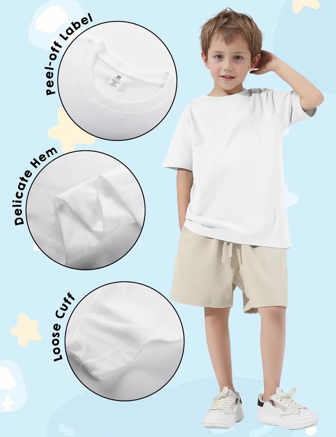 5 Pack Boys Short Sleeve T-Shirts, Soft Summer Basic Cotton Tees for Kids Casual Crewneck Tops 5-12 Y