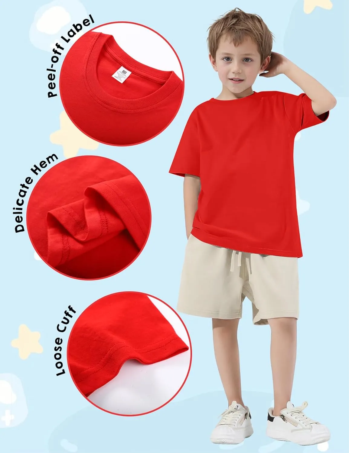 5 Pack Boys Short Sleeve T-Shirts, Soft Summer Basic Cotton Tees for Kids Casual Crewneck Tops 5-12 Y