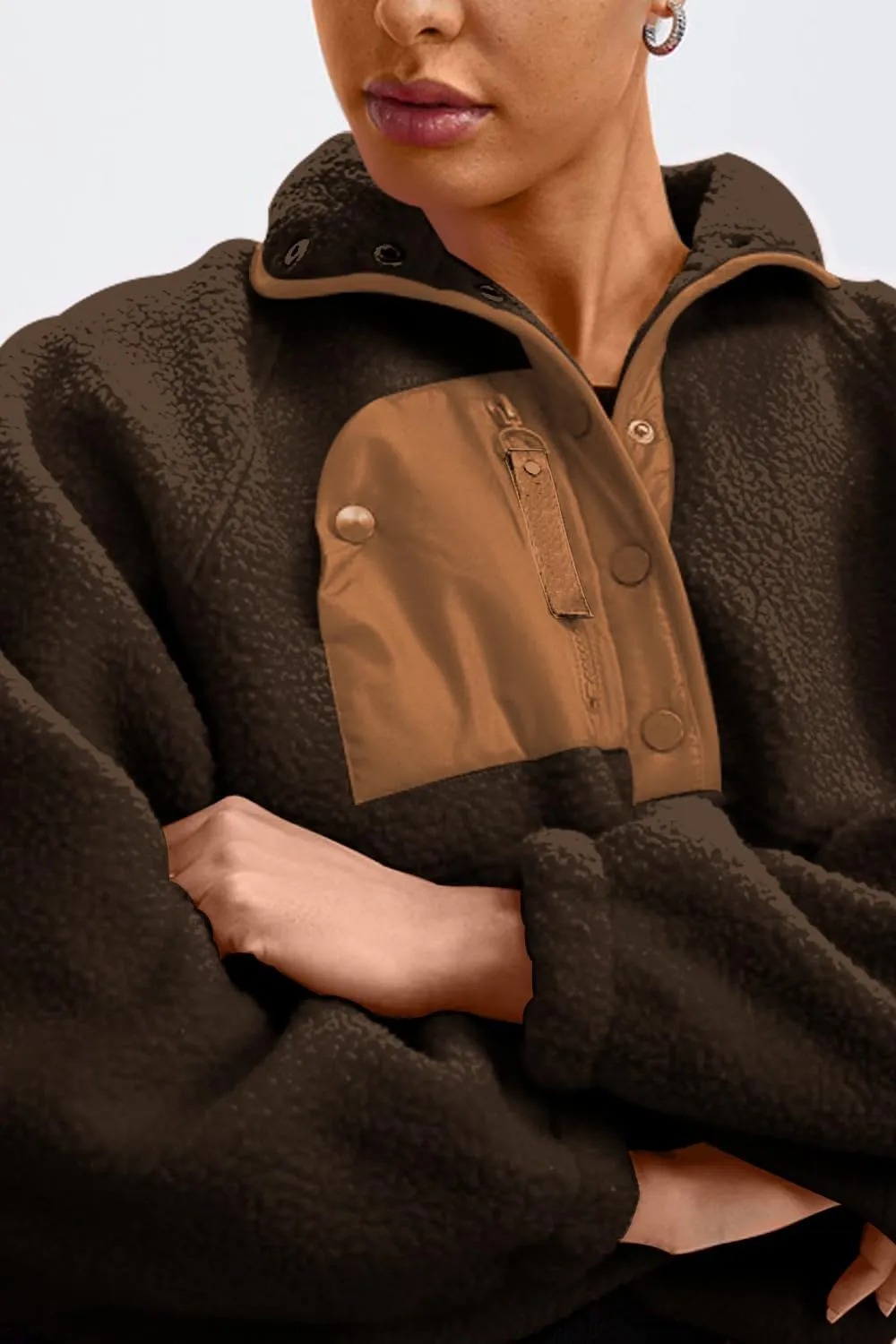 Aoang Womens Oversized Sherpa Jacket Fuzzy Fleece Teddy Coat with Pockets Colorblock