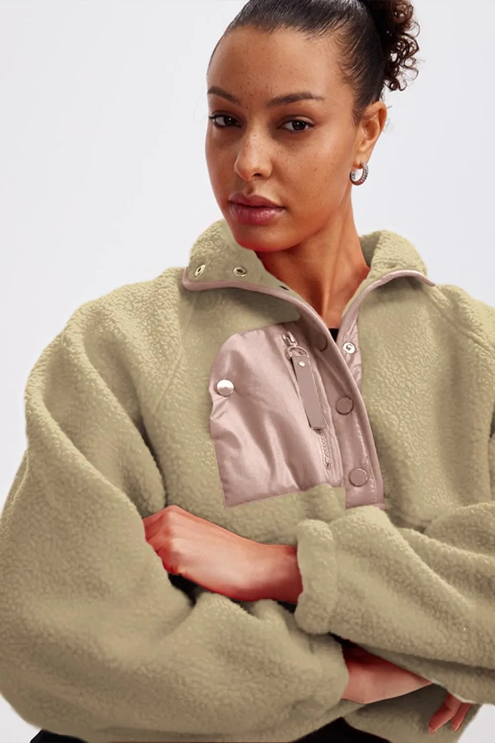 Aoang Womens Oversized Sherpa Jacket Fuzzy Fleece Teddy Coat with Pockets Colorblock
