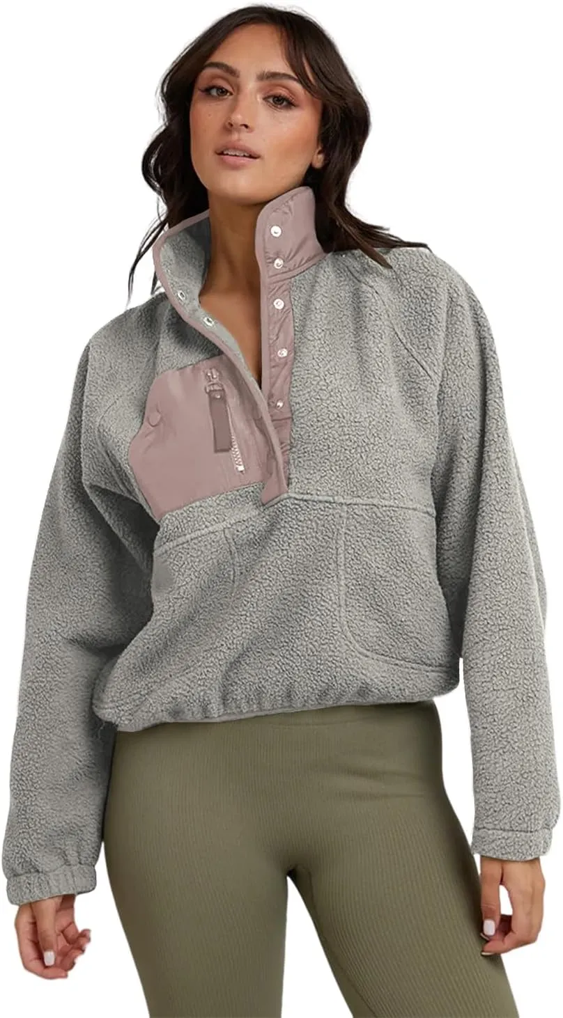Aoang Womens Oversized Sherpa Jacket Fuzzy Fleece Teddy Coat with Pockets Colorblock