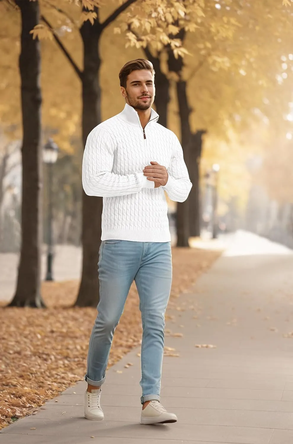 Askdeer Men's Quarter Zip Sweater Cable Knit Sweater Mock Neck Polo Sweater Casual Pullover Sweater with Ribbing Edge