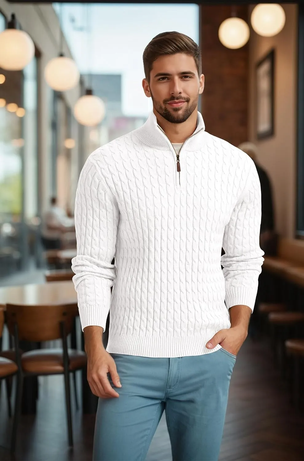 Askdeer Men's Quarter Zip Sweater Cable Knit Sweater Mock Neck Polo Sweater Casual Pullover Sweater with Ribbing Edge
