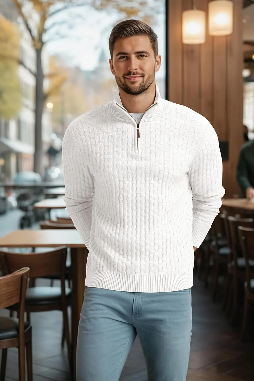 Askdeer Men's Quarter Zip Sweater Waffle Knit Sweater Mock Neck Polo Sweater Casual Pullover Sweater with Ribbing Edge