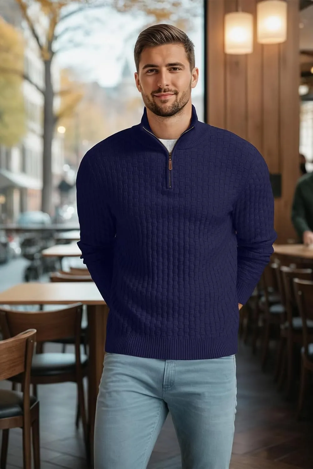 Askdeer Men's Quarter Zip Sweater Waffle Knit Sweater Mock Neck Polo Sweater Casual Pullover Sweater with Ribbing Edge