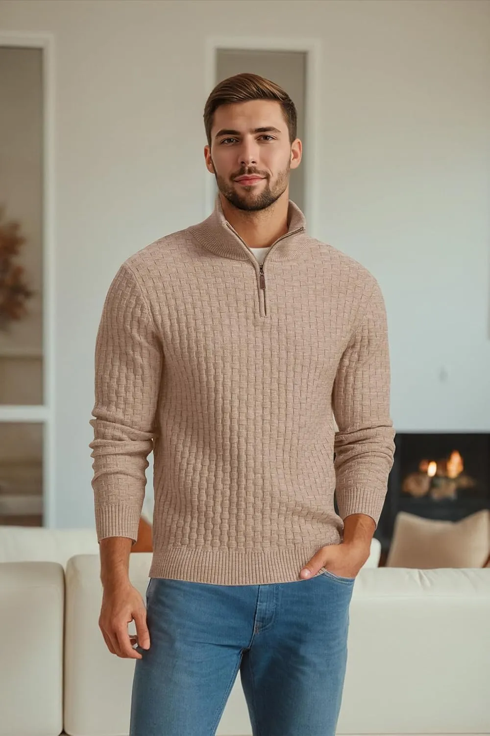 Askdeer Men's Quarter Zip Sweater Waffle Knit Sweater Mock Neck Polo Sweater Casual Pullover Sweater with Ribbing Edge