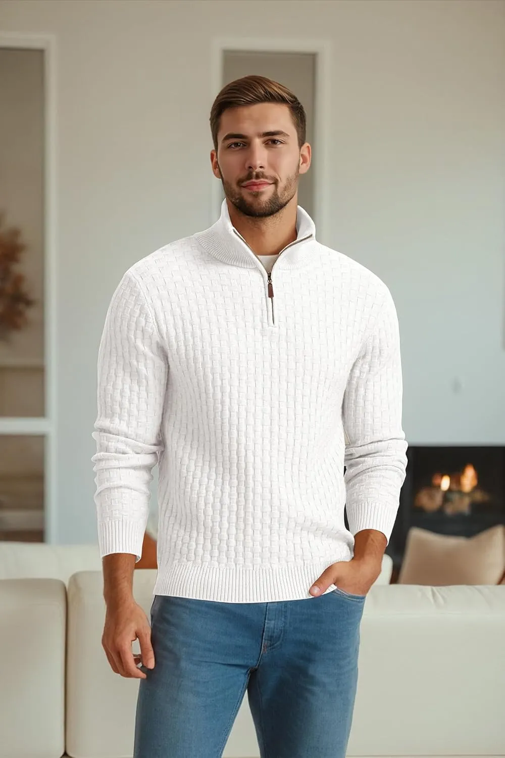 Askdeer Men's Quarter Zip Sweater Waffle Knit Sweater Mock Neck Polo Sweater Casual Pullover Sweater with Ribbing Edge