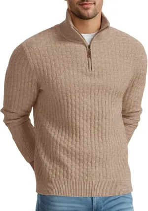 Askdeer Men's Quarter Zip Sweater Waffle Knit Sweater Mock Neck Polo Sweater Casual Pullover Sweater with Ribbing Edge