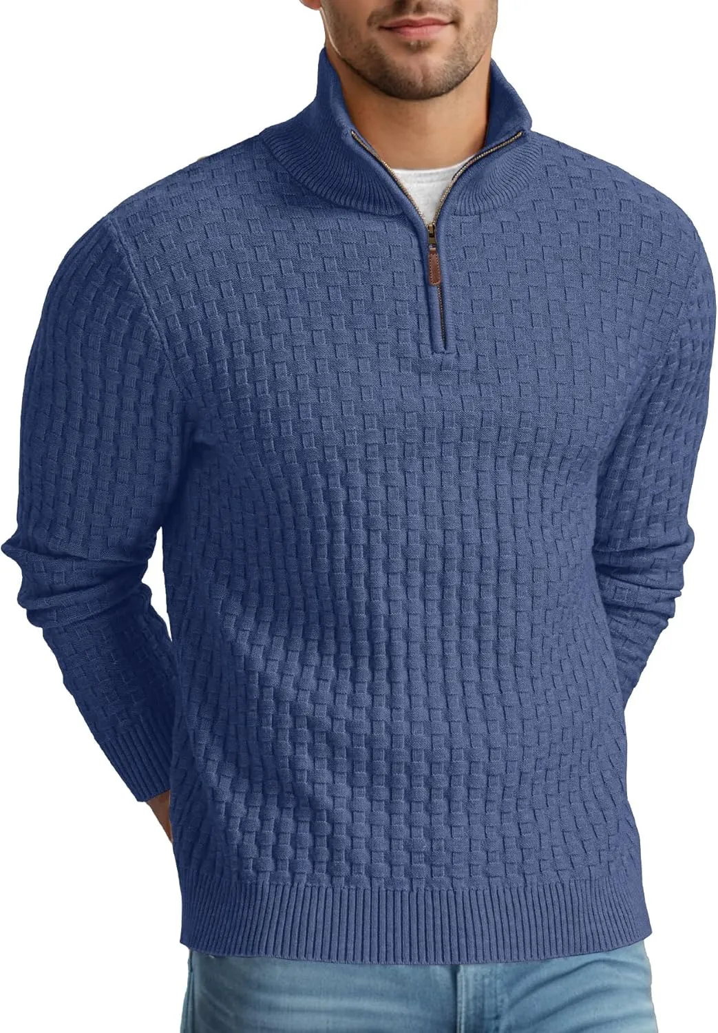 Askdeer Men's Quarter Zip Sweater Waffle Knit Sweater Mock Neck Polo Sweater Casual Pullover Sweater with Ribbing Edge