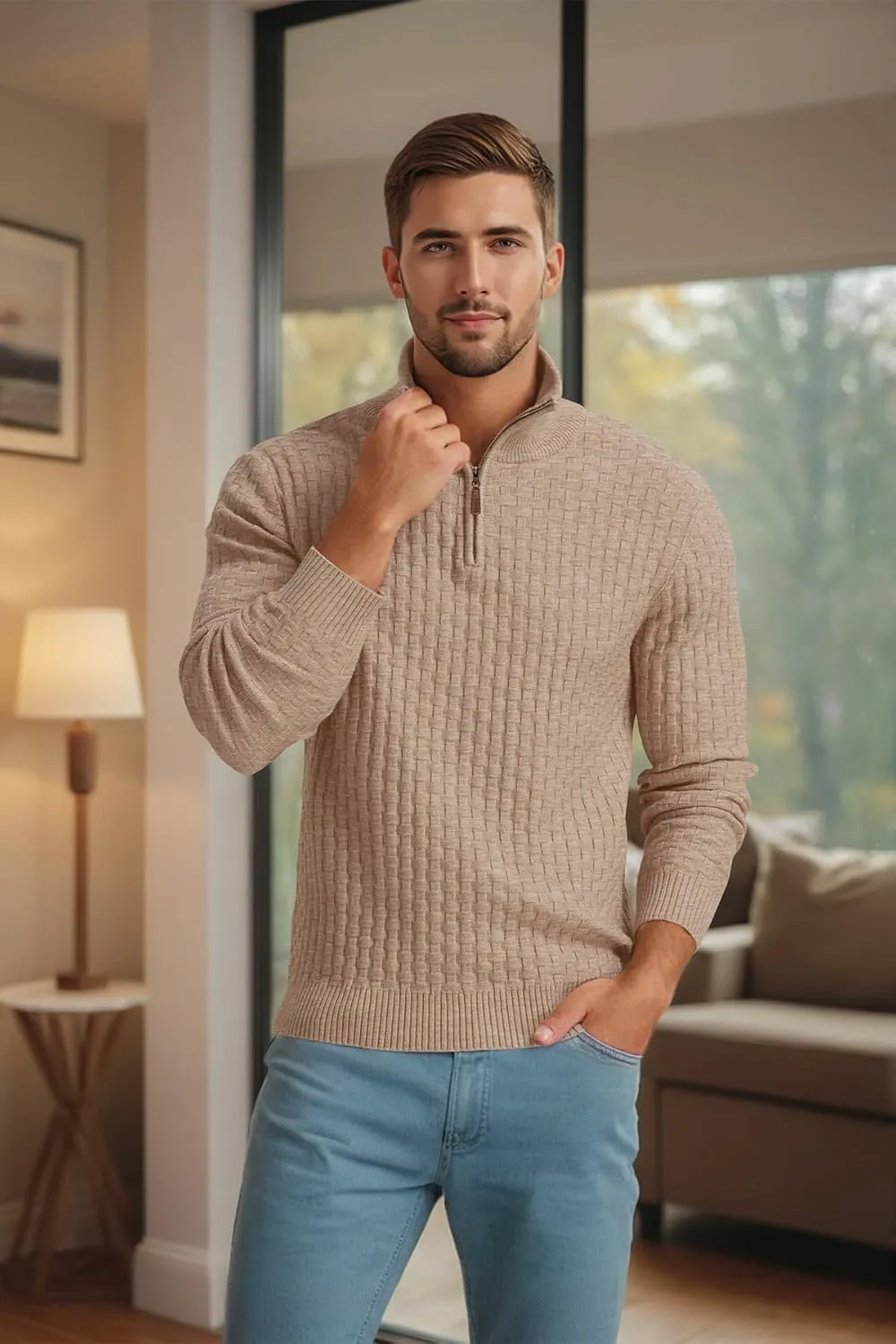 Askdeer Men's Quarter Zip Sweater Waffle Knit Sweater Mock Neck Polo Sweater Casual Pullover Sweater with Ribbing Edge