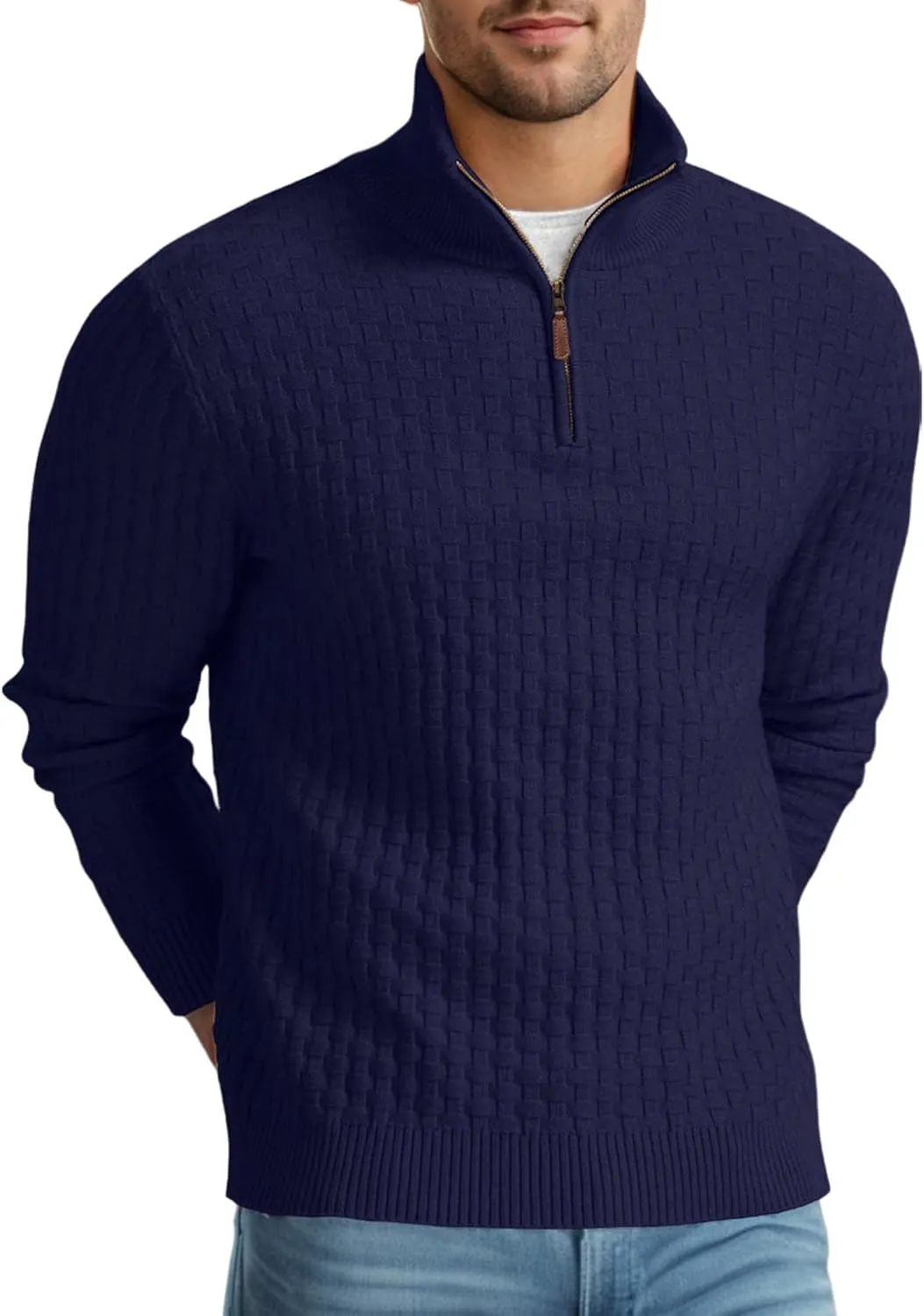 Askdeer Men's Quarter Zip Sweater Waffle Knit Sweater Mock Neck Polo Sweater Casual Pullover Sweater with Ribbing Edge