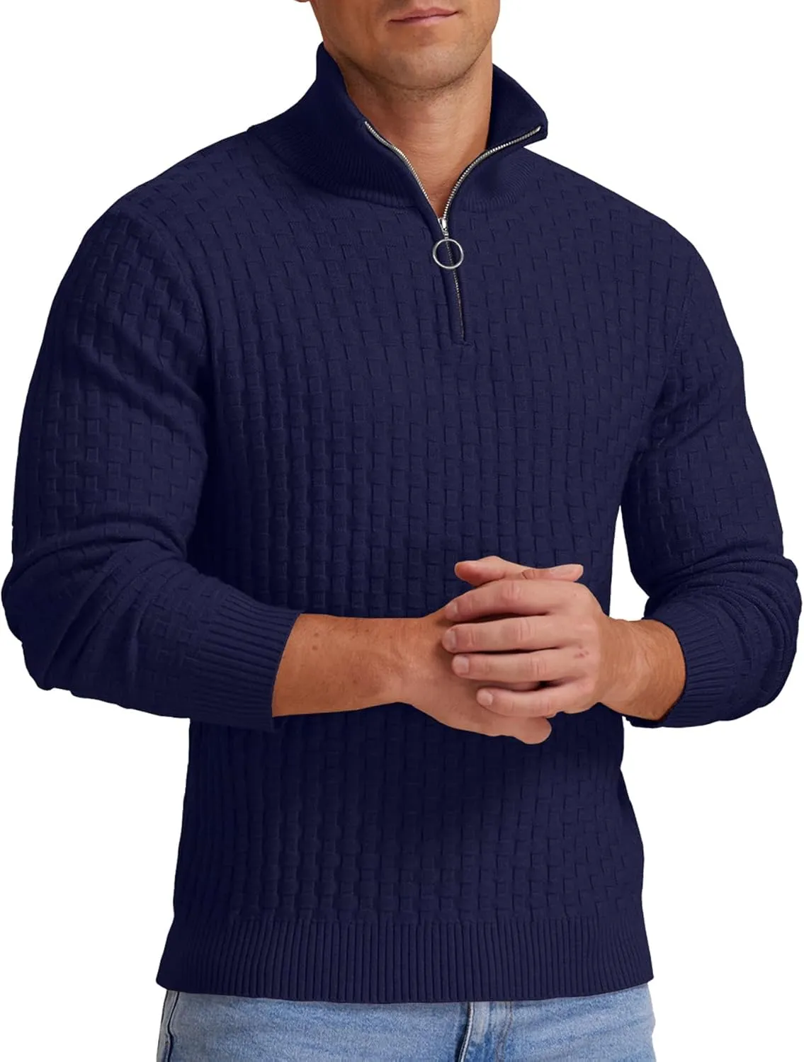 Askdeer Men's Quarter Zip Sweater Waffle Knit Sweater Mock Neck Polo Sweater Casual Pullover Sweater with Ribbing Edge