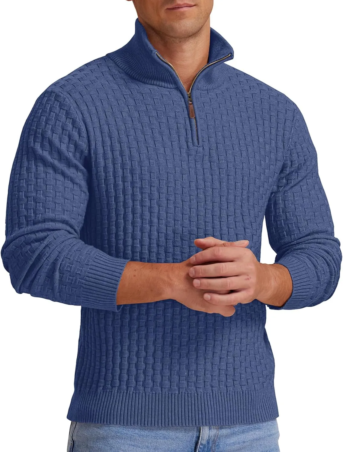 Askdeer Men's Quarter Zip Sweater Waffle Knit Sweater Mock Neck Polo Sweater Casual Pullover Sweater with Ribbing Edge