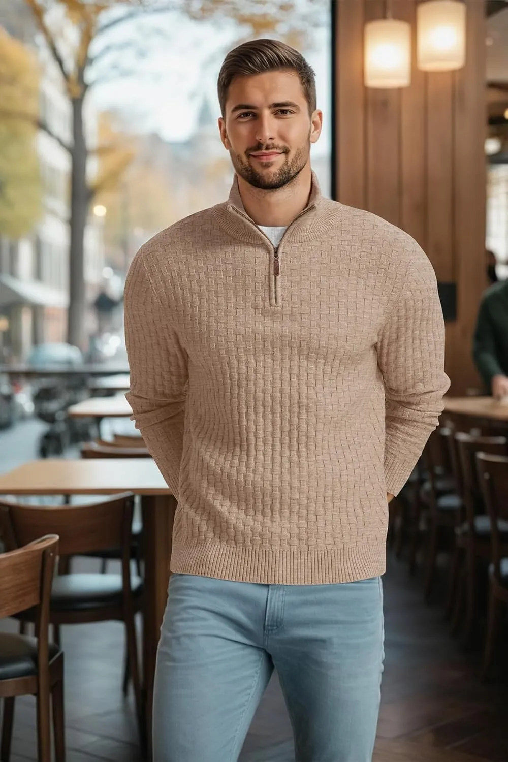 Askdeer Men's Quarter Zip Sweater Waffle Knit Sweater Mock Neck Polo Sweater Casual Pullover Sweater with Ribbing Edge