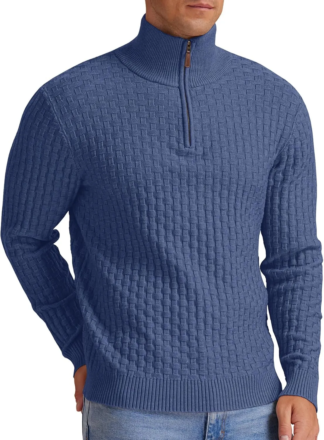 Askdeer Men's Quarter Zip Sweater Waffle Knit Sweater Mock Neck Polo Sweater Casual Pullover Sweater with Ribbing Edge