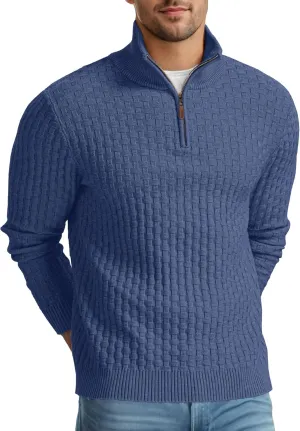 Askdeer Men's Quarter Zip Sweater Waffle Knit Sweater Mock Neck Polo Sweater Casual Pullover Sweater with Ribbing Edge