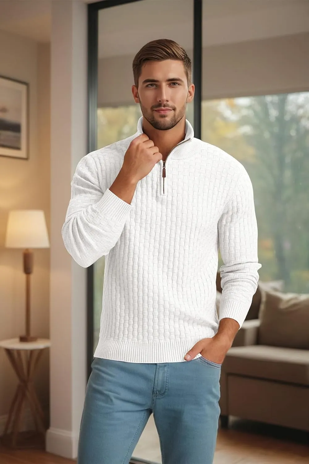 Askdeer Men's Quarter Zip Sweater Waffle Knit Sweater Mock Neck Polo Sweater Casual Pullover Sweater with Ribbing Edge