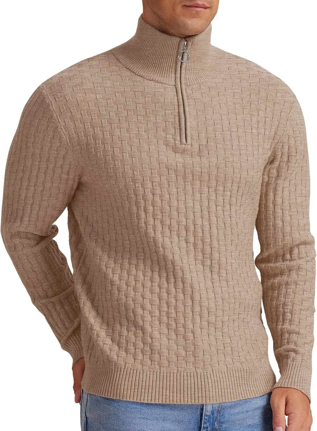 Askdeer Men's Quarter Zip Sweater Waffle Knit Sweater Mock Neck Polo Sweater Casual Pullover Sweater with Ribbing Edge