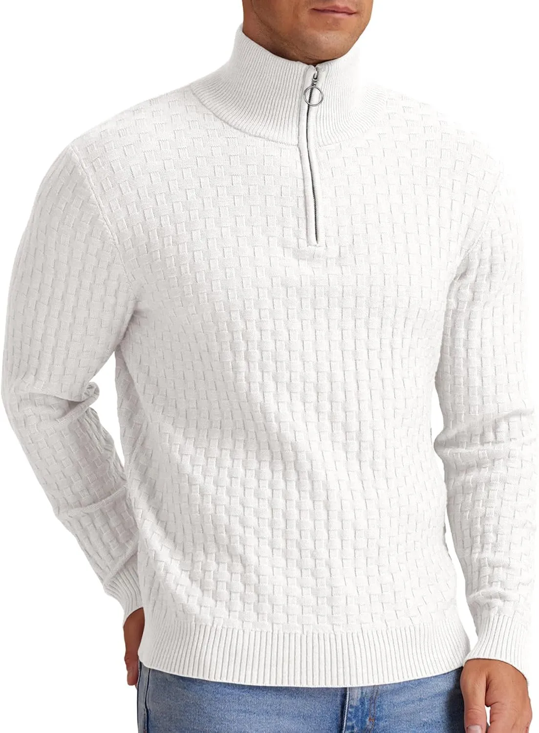 Askdeer Men's Quarter Zip Sweater Waffle Knit Sweater Mock Neck Polo Sweater Casual Pullover Sweater with Ribbing Edge