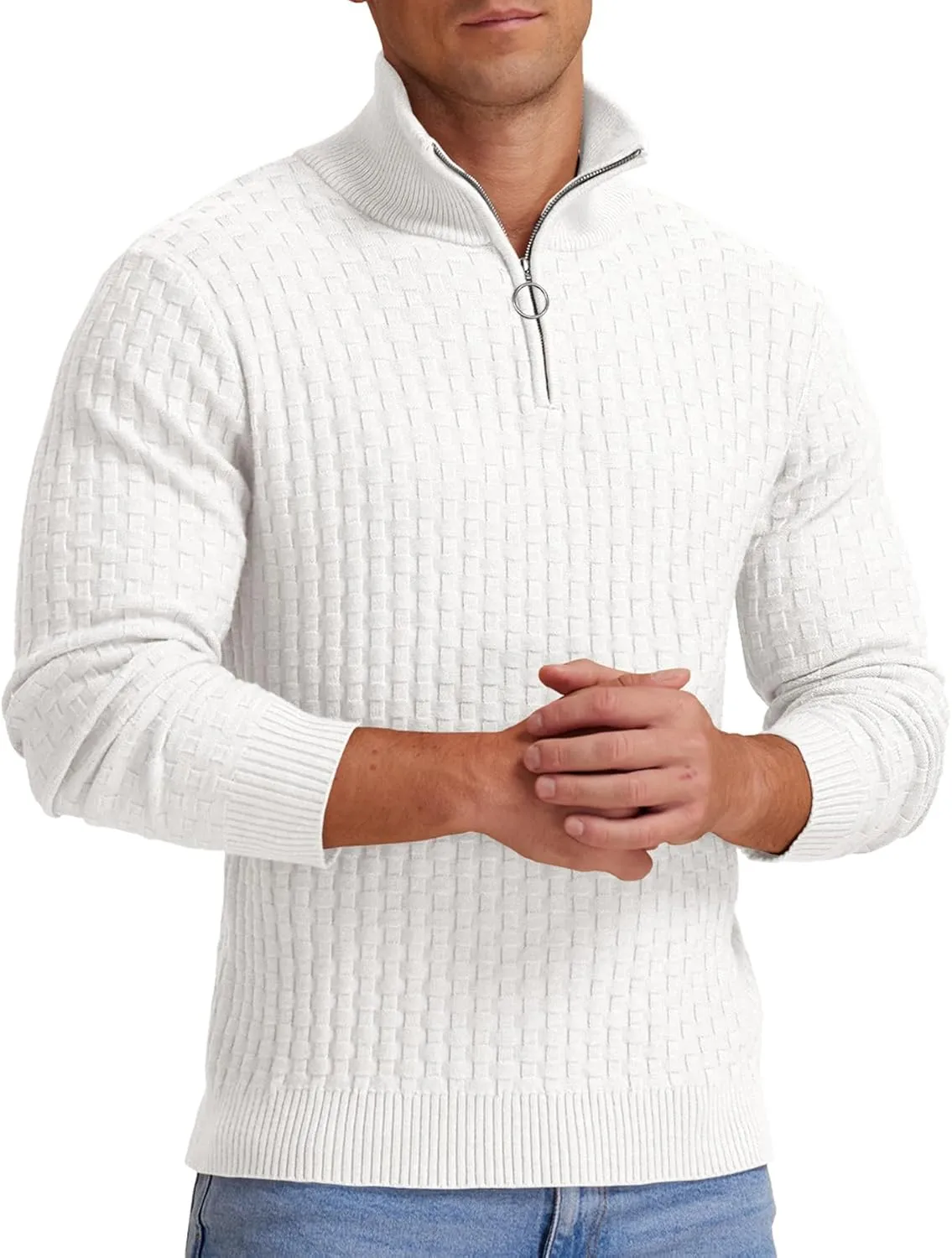 Askdeer Men's Quarter Zip Sweater Waffle Knit Sweater Mock Neck Polo Sweater Casual Pullover Sweater with Ribbing Edge