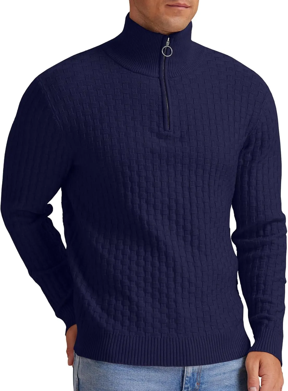 Askdeer Men's Quarter Zip Sweater Waffle Knit Sweater Mock Neck Polo Sweater Casual Pullover Sweater with Ribbing Edge