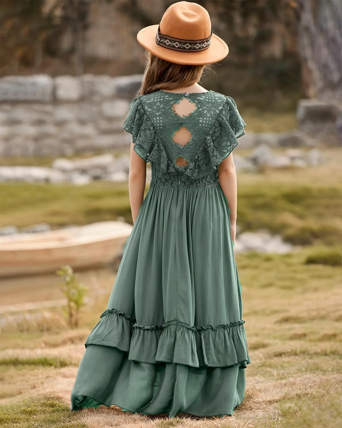 BIBIHOU Girls Lace Dress Boho Backless A Line High Low Hem Party Flower Girl Dress 6-14 Years