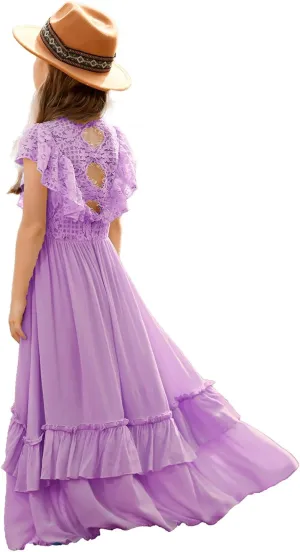 BIBIHOU Girls Lace Dress Boho Backless A Line High Low Hem Party Flower Girl Dress 6-14 Years