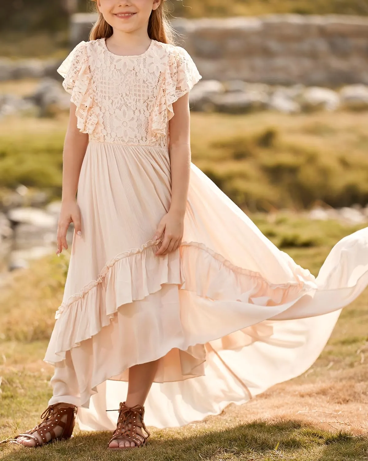 BIBIHOU Girls Lace Dress Boho Backless A Line High Low Hem Party Flower Girl Dress 6-14 Years