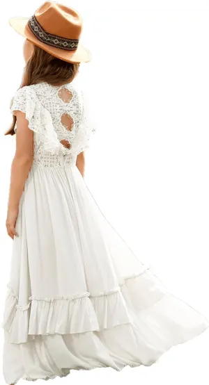BIBIHOU Girls Lace Dress Boho Backless A Line High Low Hem Party Flower Girl Dress 6-14 Years