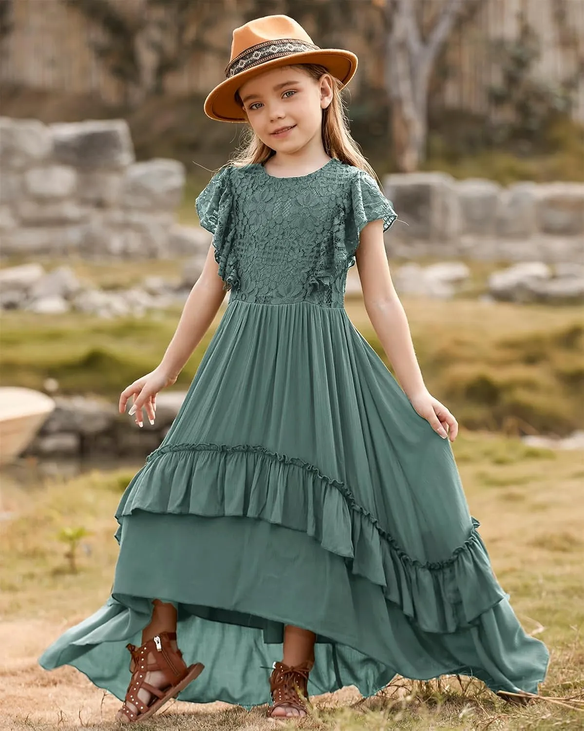 BIBIHOU Girls Lace Dress Boho Backless A Line High Low Hem Party Flower Girl Dress 6-14 Years