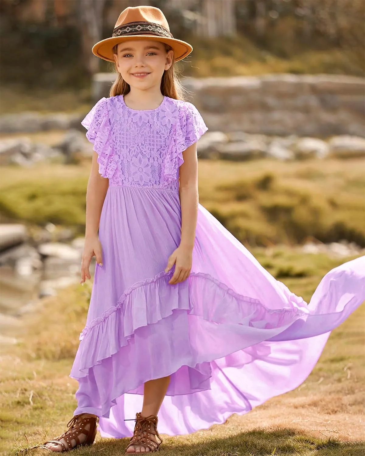 BIBIHOU Girls Lace Dress Boho Backless A Line High Low Hem Party Flower Girl Dress 6-14 Years