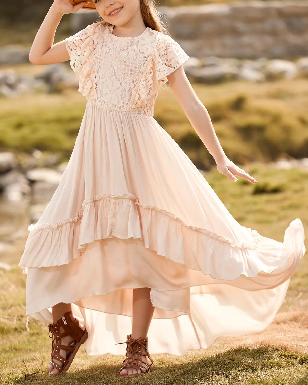 BIBIHOU Girls Lace Dress Boho Backless A Line High Low Hem Party Flower Girl Dress 6-14 Years