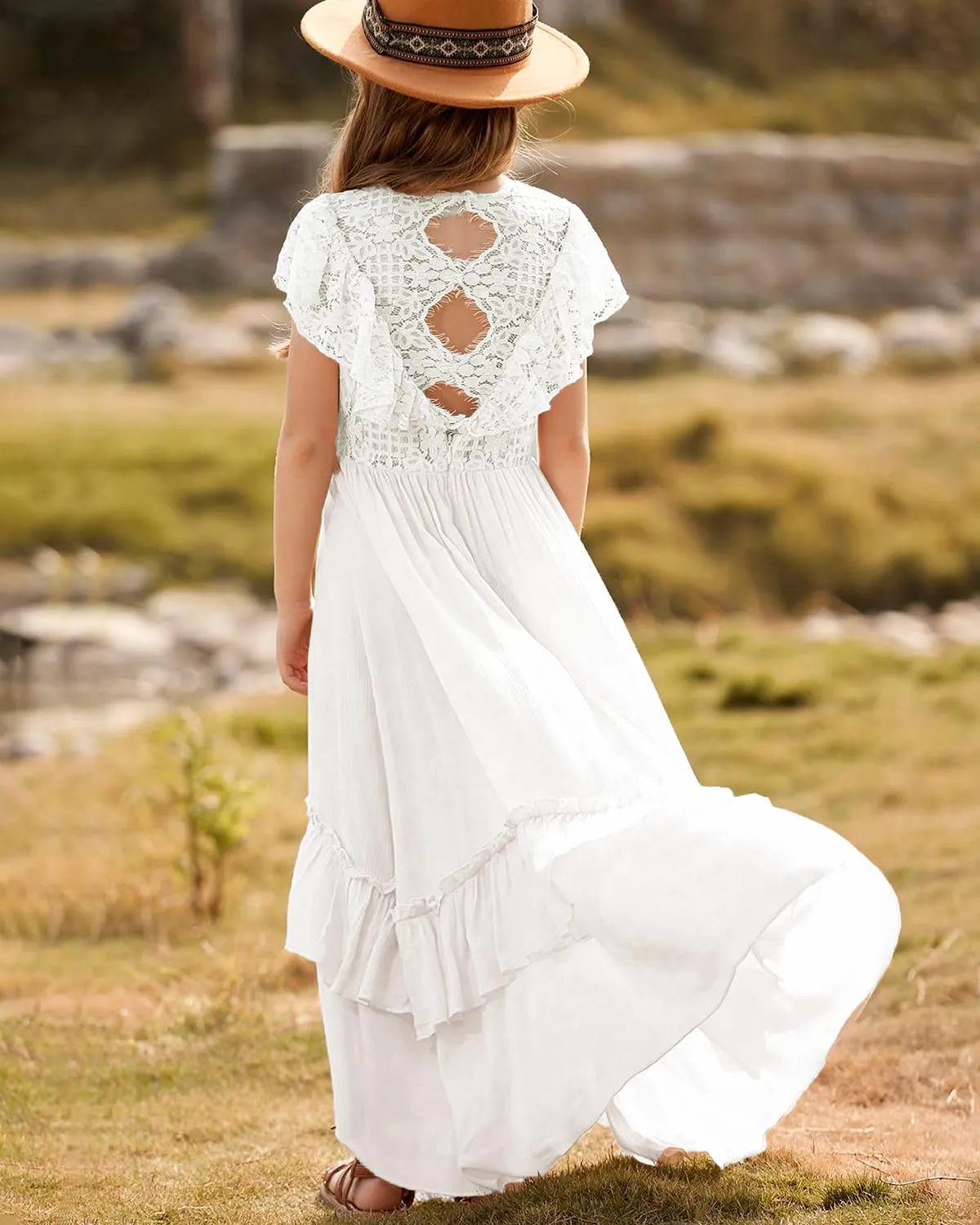 BIBIHOU Girls Lace Dress Boho Backless A Line High Low Hem Party Flower Girl Dress 6-14 Years