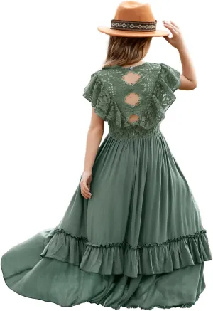 BIBIHOU Girls Lace Dress Boho Backless A Line High Low Hem Party Flower Girl Dress 6-14 Years