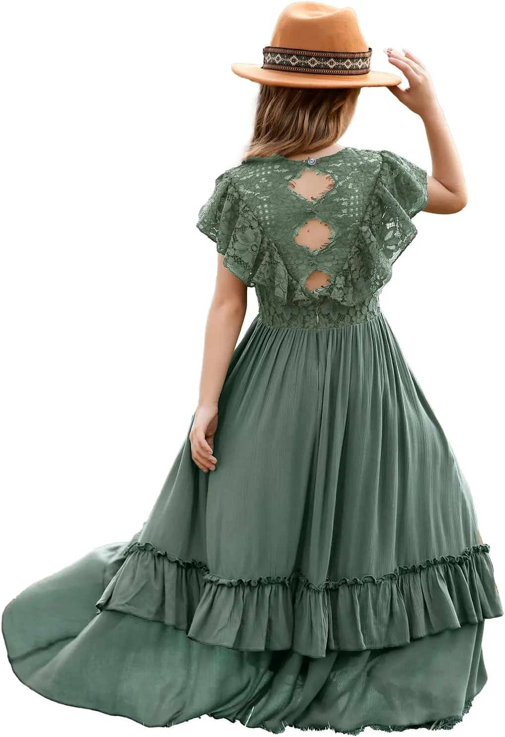 BIBIHOU Girls Lace Dress Boho Backless A Line High Low Hem Party Flower Girl Dress 6-14 Years
