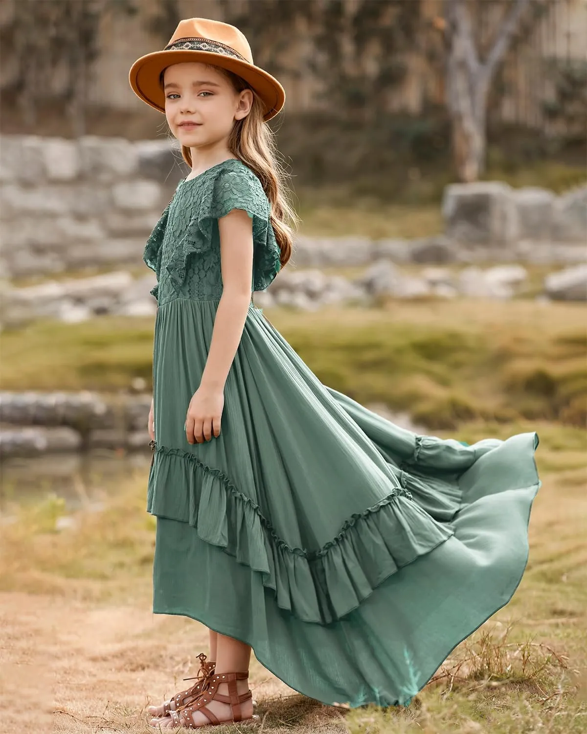 BIBIHOU Girls Lace Dress Boho Backless A Line High Low Hem Party Flower Girl Dress 6-14 Years