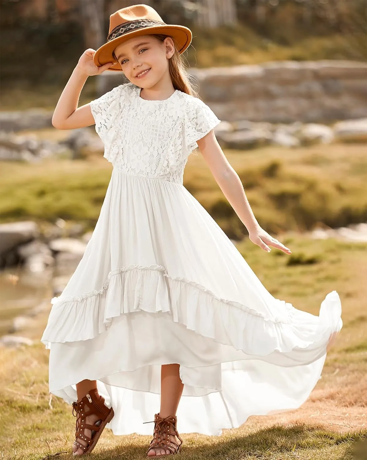 BIBIHOU Girls Lace Dress Boho Backless A Line High Low Hem Party Flower Girl Dress 6-14 Years
