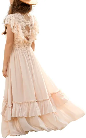 BIBIHOU Girls Lace Dress Boho Backless A Line High Low Hem Party Flower Girl Dress 6-14 Years