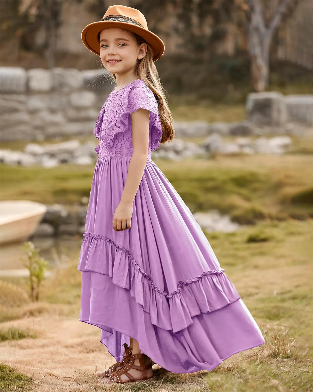 BIBIHOU Girls Lace Dress Boho Backless A Line High Low Hem Party Flower Girl Dress 6-14 Years