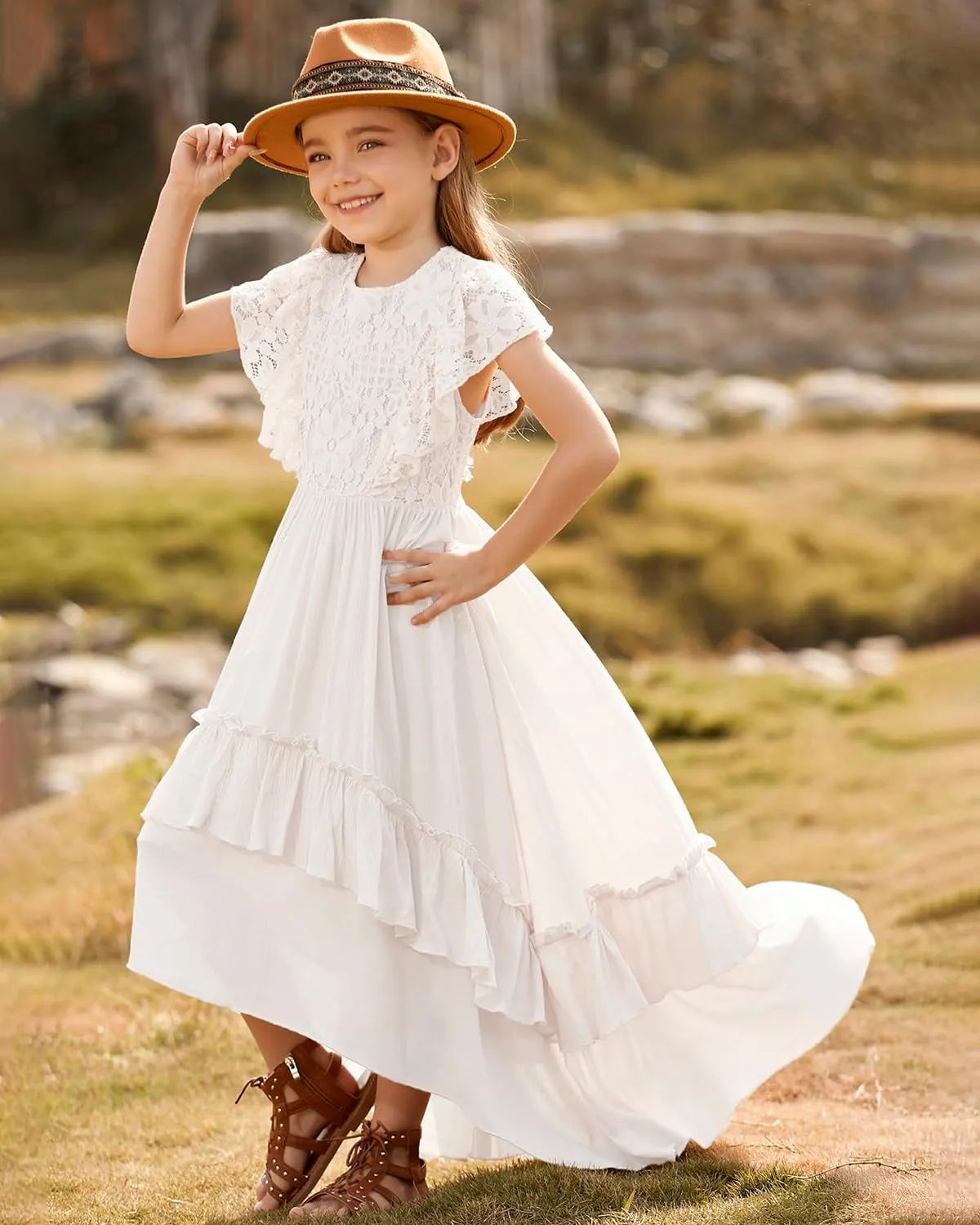 BIBIHOU Girls Lace Dress Boho Backless A Line High Low Hem Party Flower Girl Dress 6-14 Years