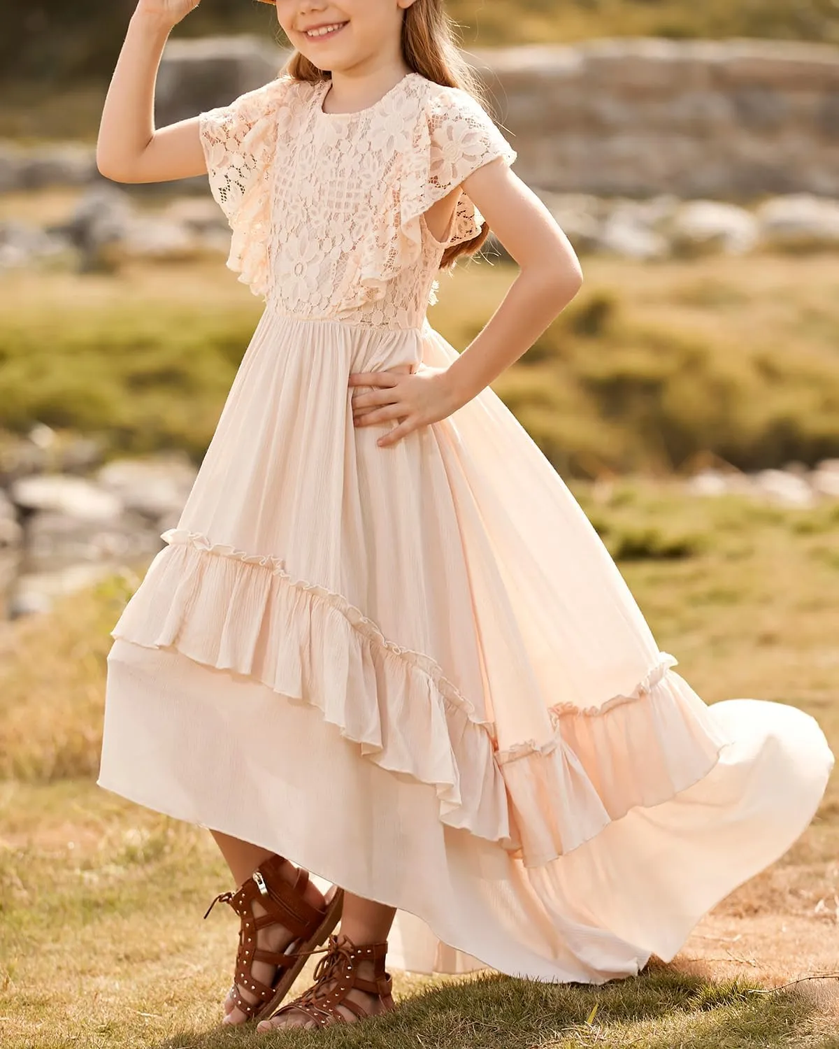 BIBIHOU Girls Lace Dress Boho Backless A Line High Low Hem Party Flower Girl Dress 6-14 Years