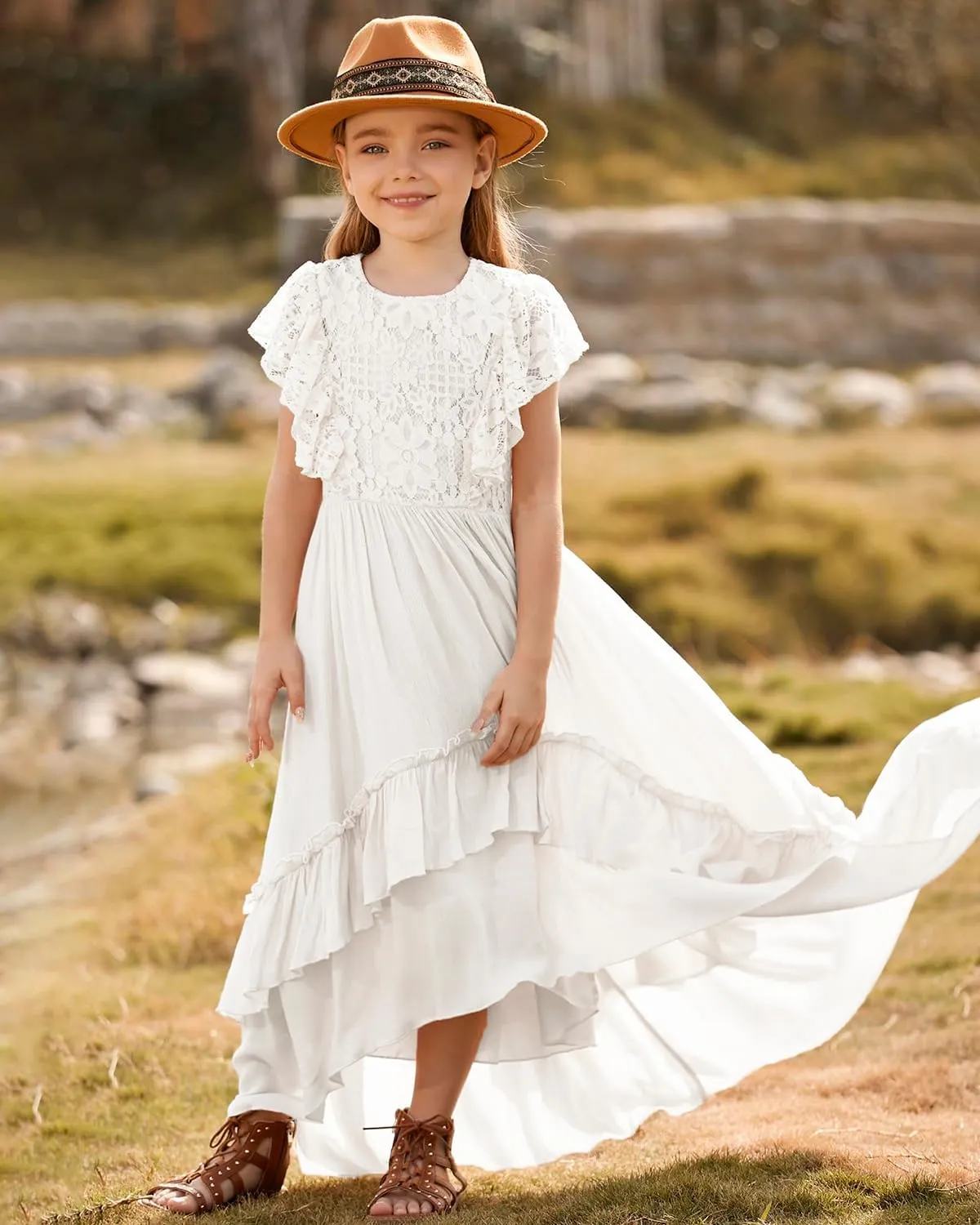 BIBIHOU Girls Lace Dress Boho Backless A Line High Low Hem Party Flower Girl Dress 6-14 Years