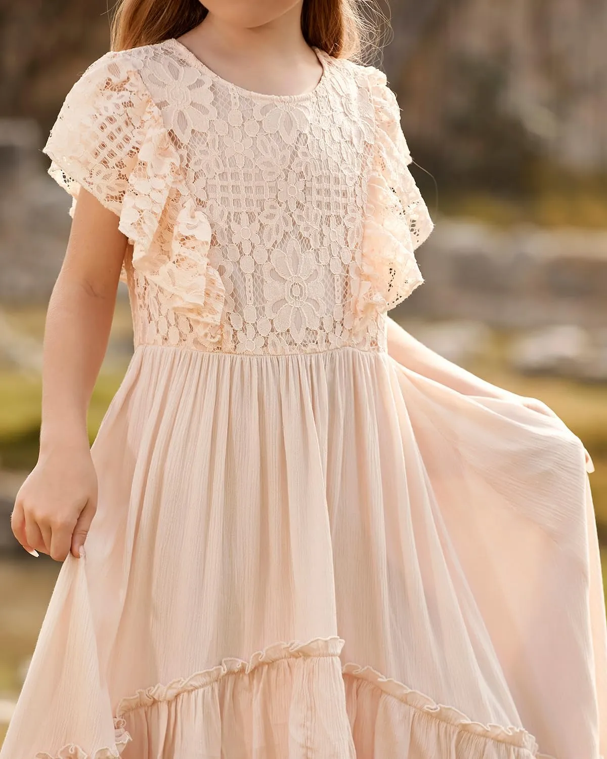 BIBIHOU Girls Lace Dress Boho Backless A Line High Low Hem Party Flower Girl Dress 6-14 Years